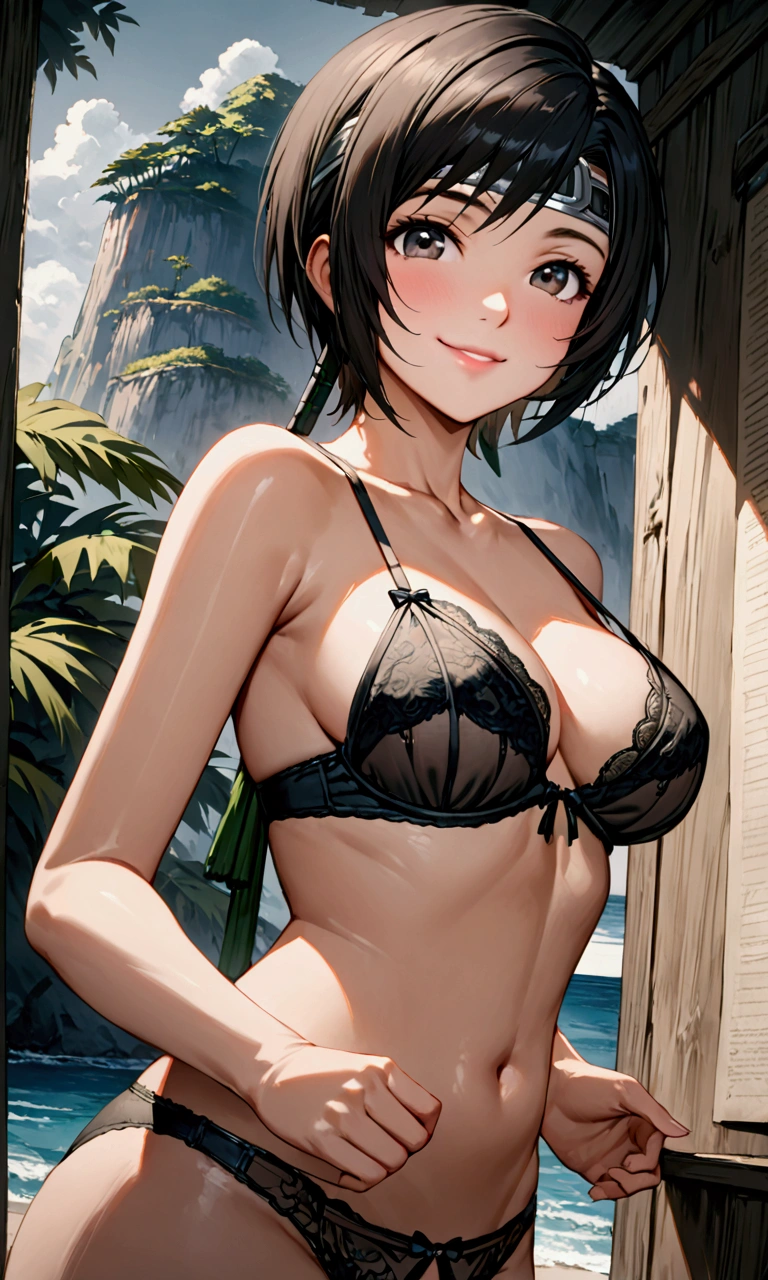 ((greatest masterpiece:1.3, ultimate quality:1.3, ultra-detailed:1.2)), (movie lighting), ((perfectly sensual)), super fine illustration, an extremely delicate and beautiful, 4K, 8K, 16K, UHD, Create an image of a young woman with a sporty and erotic physique with large breasts, standing outdoors by a poolside in a playful, relaxed manner. She is wearing a sleek, Sexy and minimalist black bikini with little fabric area her toned figure. The woman is leaning slightly forward, giving a gentle and inviting smile, her posture suggesting both confidence and warmth. Her short hair frames her face softly, and her earrings add a touch of elegance. The background features a clear sky with a few trees in the distance, emphasizing the outdoor setting. The image should capture the combination of her playful, flirtatious demeanor and the casual, sunny environment.