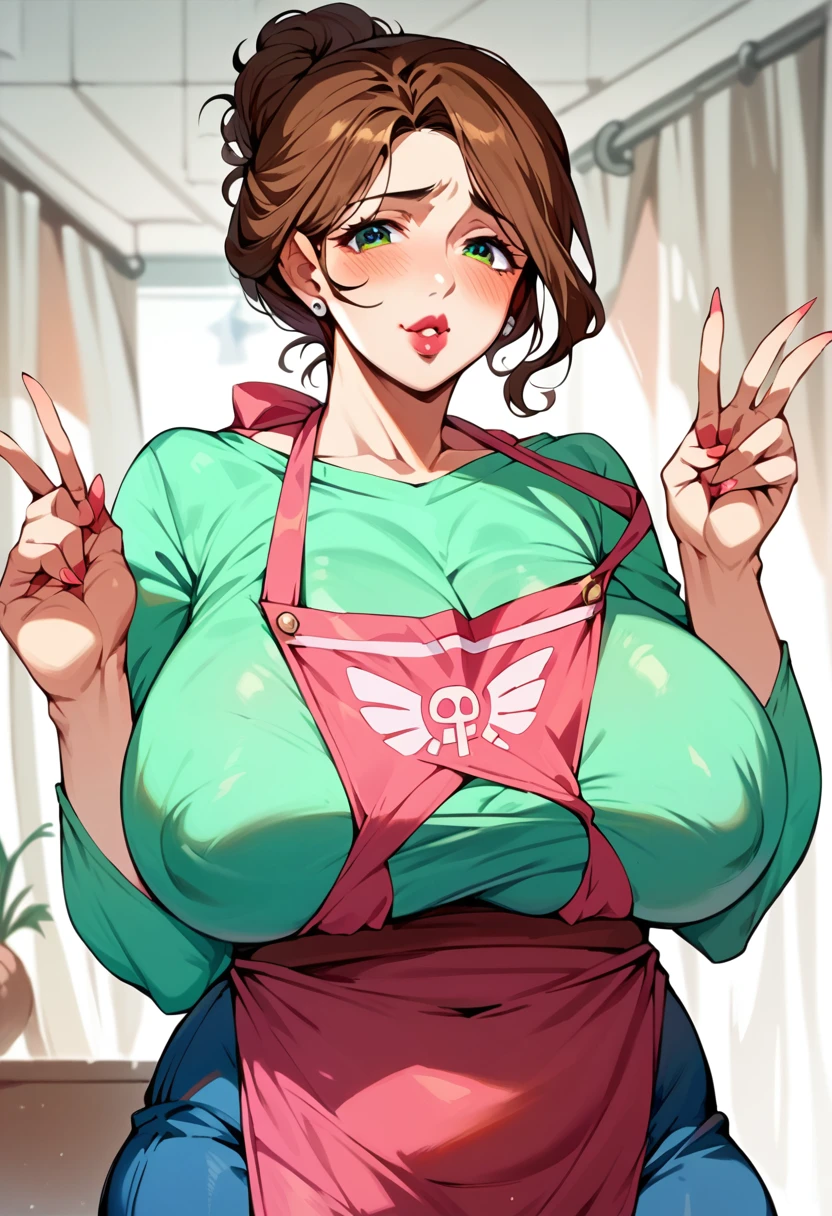 Anime Color,Turin Weathervane,(Huge breasts:1.4), Erect nipples,Wide Hips,Thick thighs,Plump,Mature Woman,Brown Hair,Updo,lipstick,puppet,Light green shirt,Pink Apron,Blue Jeans,Cowboy Shot,blush