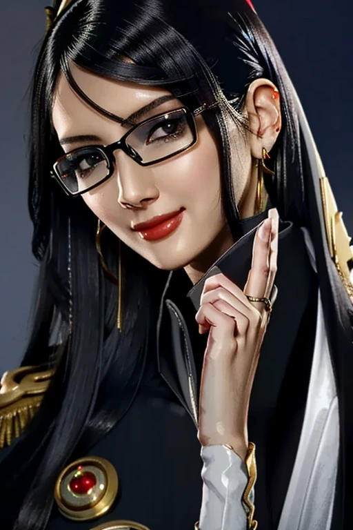 Bayo, Bayonetta, 1 girl, alone, Mole under mouth, Glasses, Black Hair, Mole, jewelry, Compensate, Earrings, smile, eye shadow, Portraiture, Long Hair, lips, lipstick, Grey Eyes,whole body 