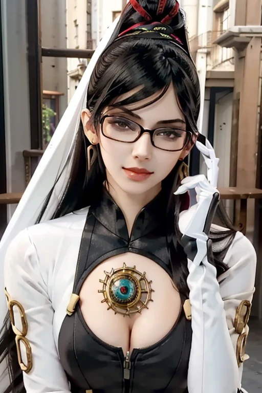 Bayo, Bayonetta, 1 girl, alone, Mole under mouth, Glasses, Black Hair, Mole, jewelry, Compensate, Earrings, smile, eye shadow, Portraiture, Long Hair, lips, lipstick, Grey Eyes,whole body 