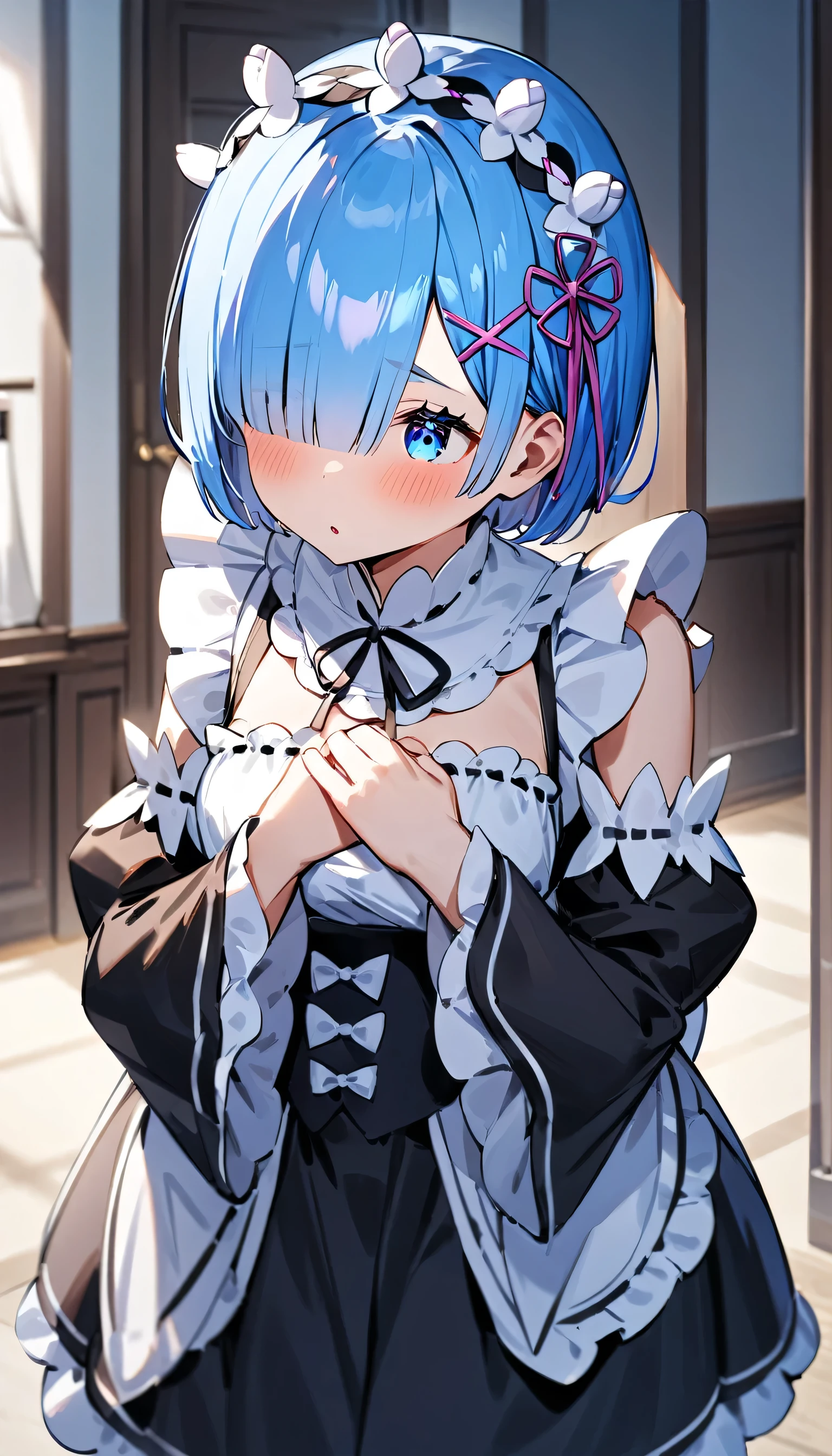 masterpiece、Highest quality、1girl,Rem、Beautiful blue eyes、Beautiful Blue Hair、Re:Zero、Maid clothes、One eye is hidden、Hiding her chest with her hands
