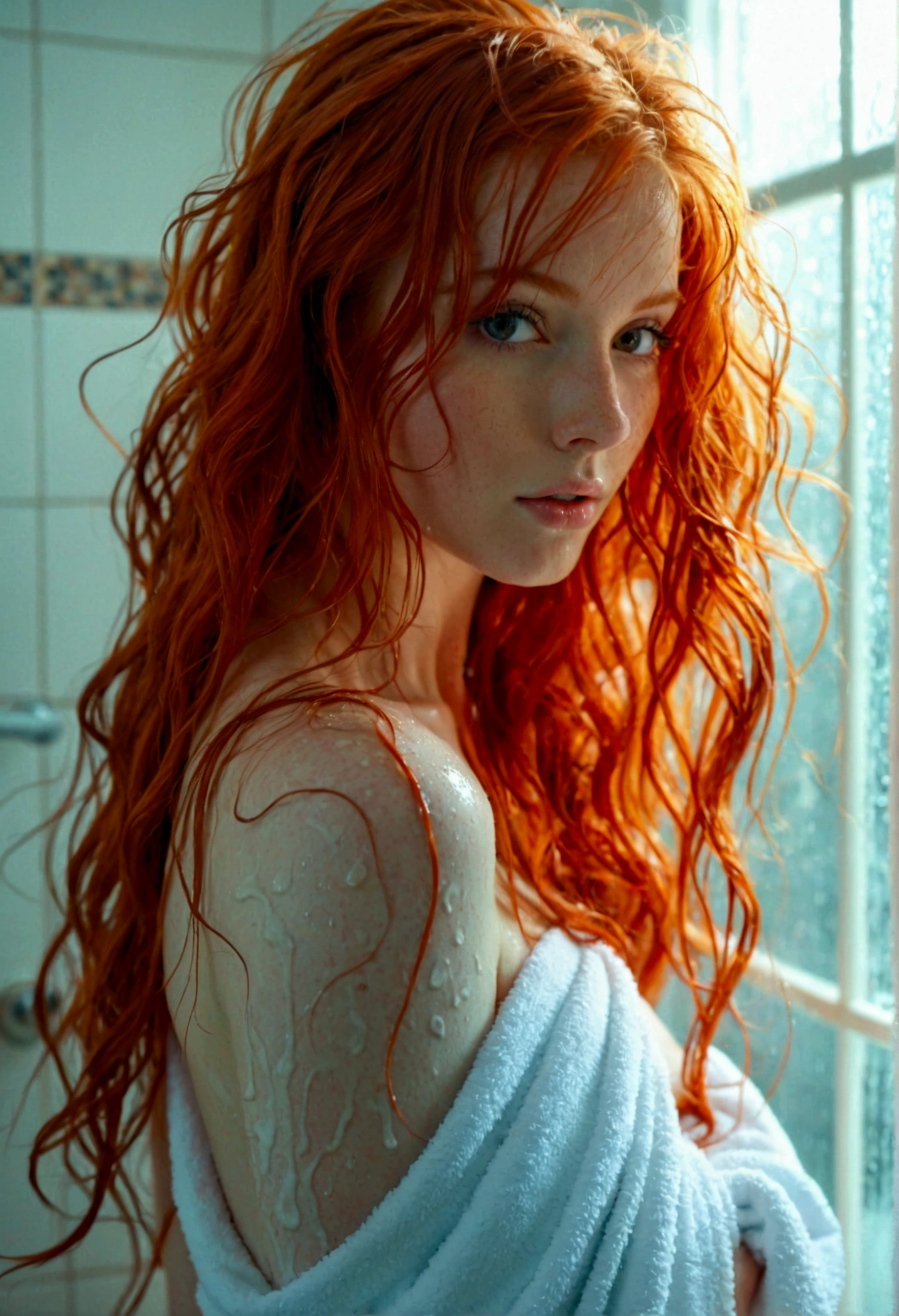 ultra realistic, photography, long red hair, girl, 24 years old, hourglass figure, perfect body, Flirty look, extremely detailed artgerm, in the style artgerm, facing the camera, lens 35 mm, blur background, in the shower, showering, she is standing behind shower curtain, behind shower curtain, wet hair, water pouring from the showerhead