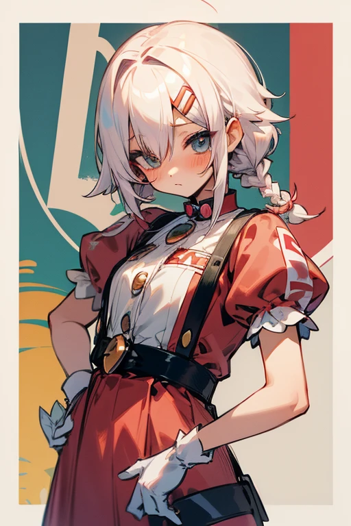{persona 5 style}，Persona diagram，Short white hair，Gold eyes，Smiling，huge tit，Gold-rimmed red half-length shawl white military uniform，White gloves，White breeches，red waistband，littleredridinghood（From the front：1.3），
