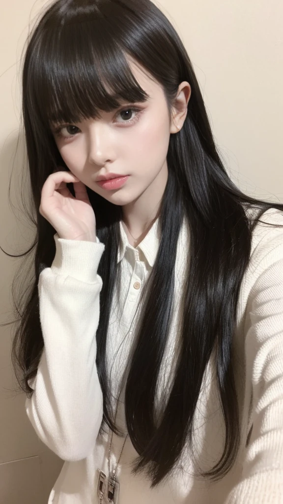 masterpiece, best quality,1girl, solo, black hair, realistic, long hair, black eyes, christmas crop, bangs, bedroom, soft smile, closed mouth, upper body, hime cut