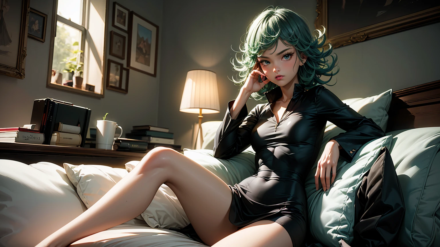 (work of art, best qualityer:1.2), only, 1 girl, tatsumaki, not funny, cloused mouth, looking a viewer, hand on our face, sitting down, short black dress,muslos grandes,crossing the leg, hair green