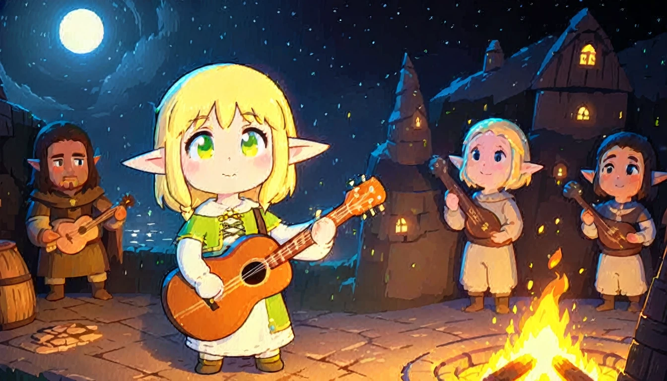 The world of fantasy games, Medieval European outdoor taverns, Soft Light, cute, Adorable, Animation Style, Relaxed atmosphere, Dreamland, Beautiful adult female elf playing a wooden guitar, Blonde, In front of the bonfire, Night atmosphere, Spillover, Beautiful Face, 8k, High resolution, super high quality, Clear lines, Animation Style,