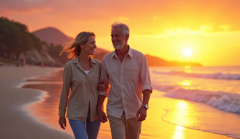 Gray-haired man 42 years old, 25 year old woman, Straight long hair, at beach