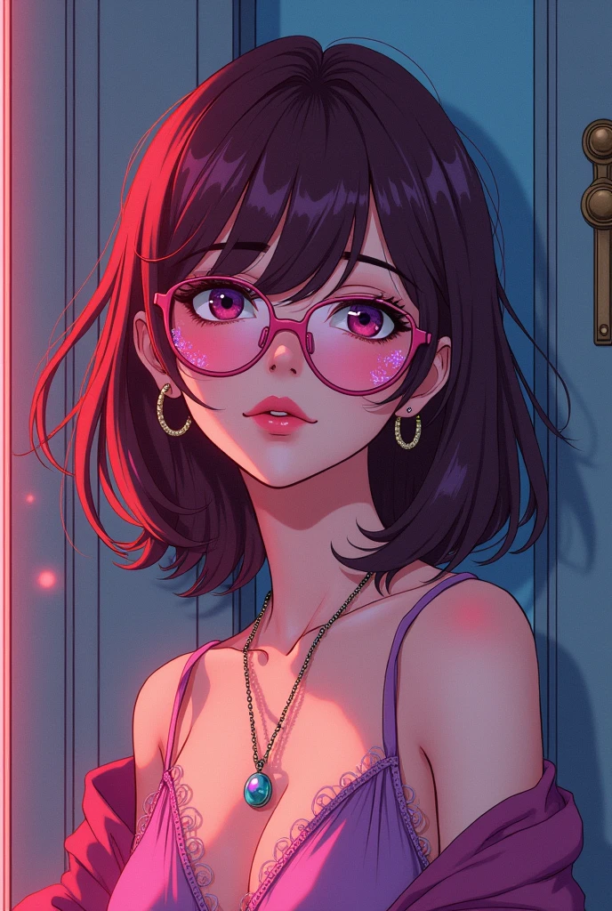 A girl with black curly hair, with innocent eyes with a black doll mouth, with a slightly plump but well-defined body, with white and pink skin, adult who wears glasses and in a room, make her in anime mode medium hair sexy hentai face