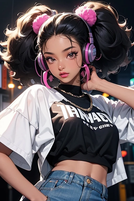translate masuter piece、super-fine、A hyper-realistic、Handsome male artist in DJ outfit with black top and headphones、dj set、Sportsbra、dj rave headphones, Sportsbra, headphones、dj at a party、 dj rave party、CGstation、( ((Huge speaker in the background)))、((((All the walls are speakers)))、(curly hair with bangs tied back )、Beautiful hair、interior color、 smoky from boi