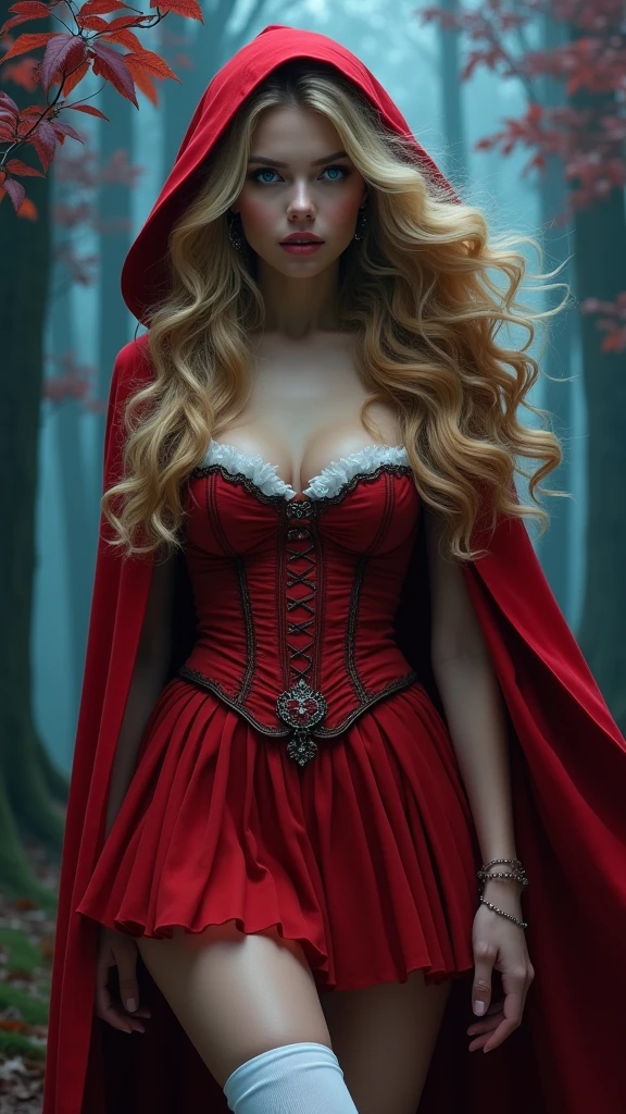 Eerie Fairytale Forest:
Subject: A blonde 36dd bra woman (22) with messy hair, cosplaying a pink Little Red Riding Hood with a determined look, walks through a misty forest at dusk, holding a basket filled with glowing pink flowers. Strange creatures in pink costumes peek from behind trees.
Technical: High-resolution camera (e.g., Hasselblad H6D-100c), wide-angle lens (e.g., 50mm), focus on the woman and the basket, soft, diffused twilight light with mist emphasizing the mysterious atmosphere, hint of an ominous creature in the background.