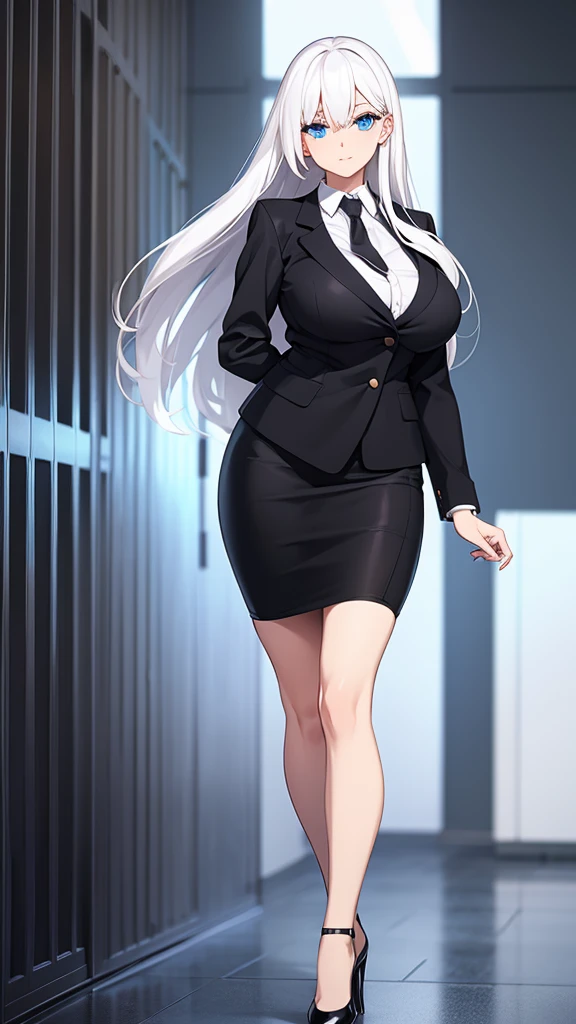 1girl, dark skin, white hair, long hair, yellow eyes, breasts, white shirt, button shirt, skirt, pencil skirt, pantyhose, teacher, classroom, glasses, mature female, hourglass figure, full_body, ((full body))
