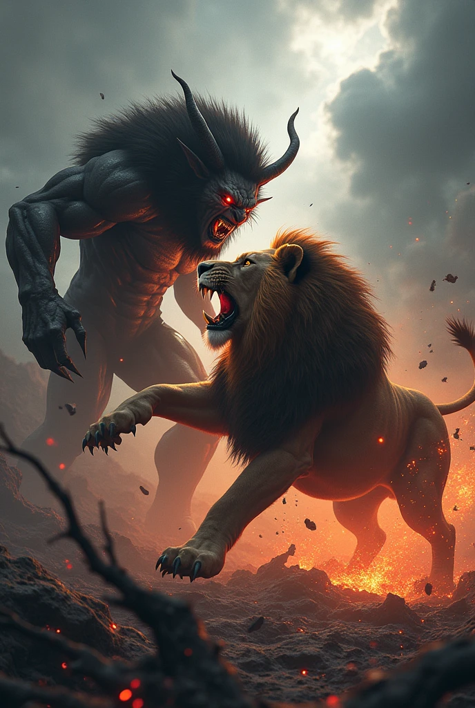 A monster fighting with a cyborg lion