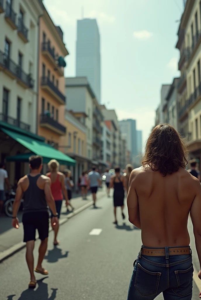 (nudity, explicit) Candid photo of a beautiful Horney woman, with captivating eyes, smiling amidst a bustling city, full body framing, in a street photography setting, full of nude women, golden hour lighting:1.3), shot at eye level, on a Fujifilm X-T4 with a 50mm lens, in the style of Alfred Stieglitz