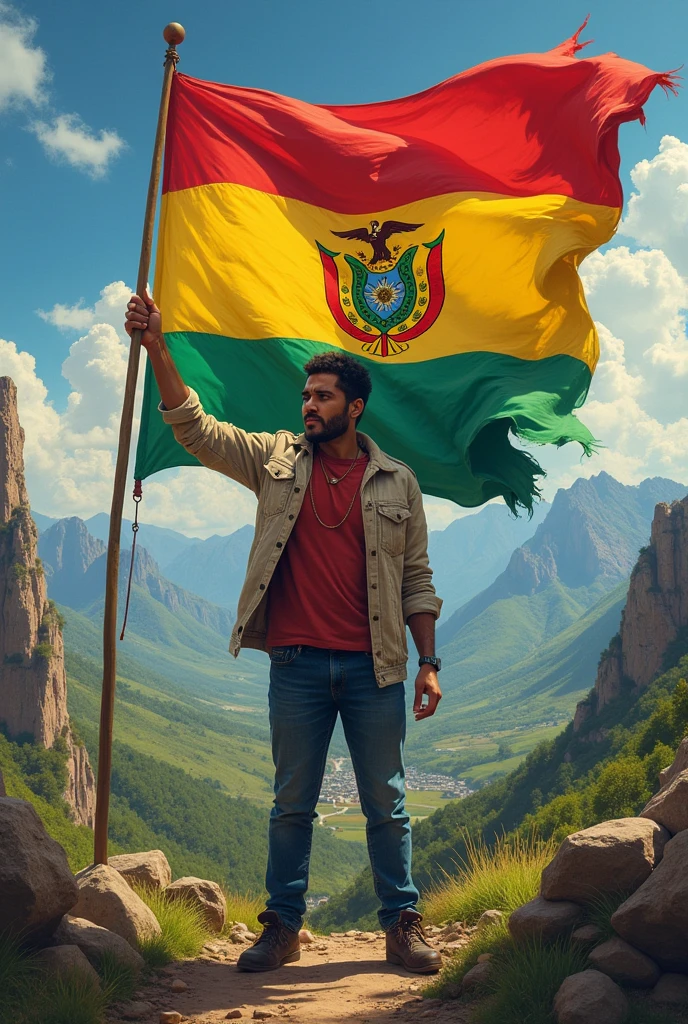 Man raising his hand and the flag of Bolivia