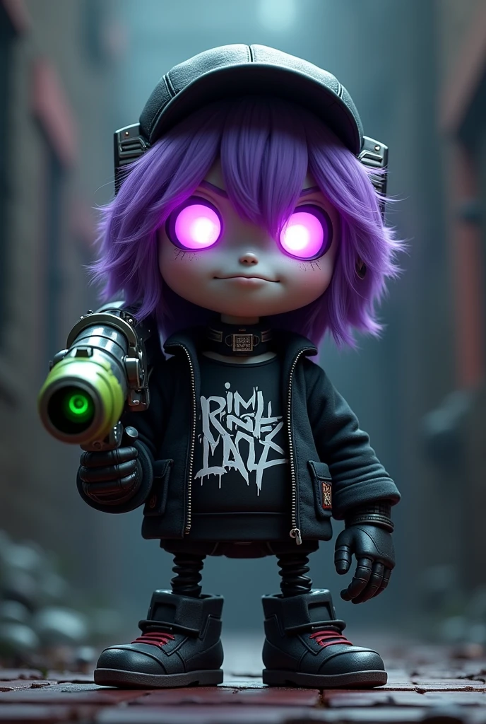 (Robot) Murder Drones. Drones have two bright eyes on their black visor that emotes. Under some circumstances, their eyes can be overridden by an error, status warning, or system message. Robot Uzi takes on the appearance of a short Worker Drone with neon purple and magenta eyes and short, white skin, dull purple hair. She wears a black striped beanie with a glittery bobble at the tip, and black boots with long, dark purple striped socks. She also wears a black hoodie with a white emblem on the front depicting a battery with two bones going across it, creating an "X" shape. The bottom of the hoodie has two white stripes wrapping around it, and the left sleeve has a white radioactive symbol on it. Beneath her hoodie is a short, frilly, black skirt. She also has a black choker around her neck with a skull and the number "002" on it. She blushes and shyly looks away holding rainbow flag. 