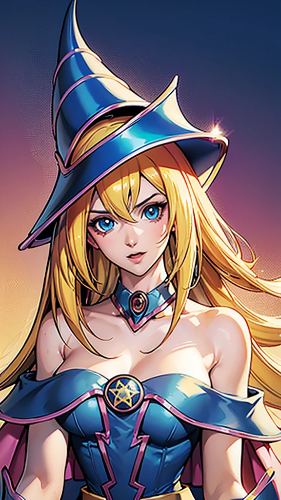 Retrato dark magician girl, Hyperrealism, wearing a corset and long dress, provocative expression, Horse tail, young, glossy, Bright, Ultra White skin, cheek highlighting, The best beauty, clear, Super long silky straight hair, Flequillo hermoso y Bright, Big beautiful blue eyes like jewels, very beautiful, pretty girl