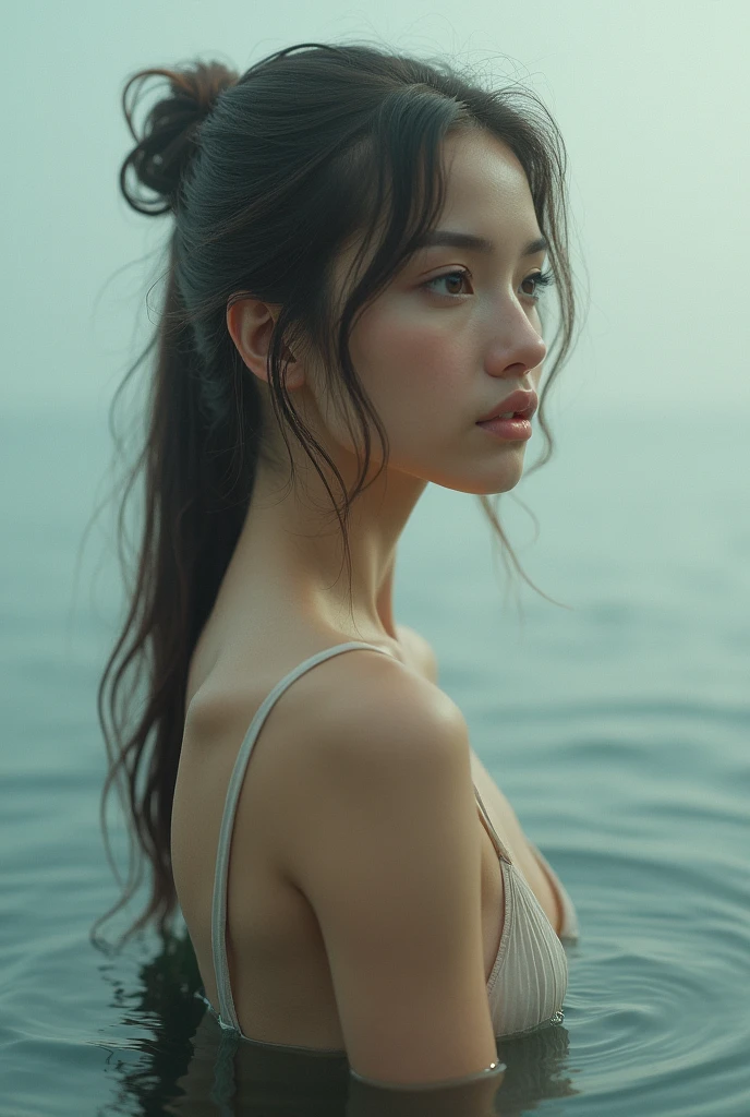 Small chest, ponytail, beautiful girl, water, Viewed from slightly above, Looking up from the front