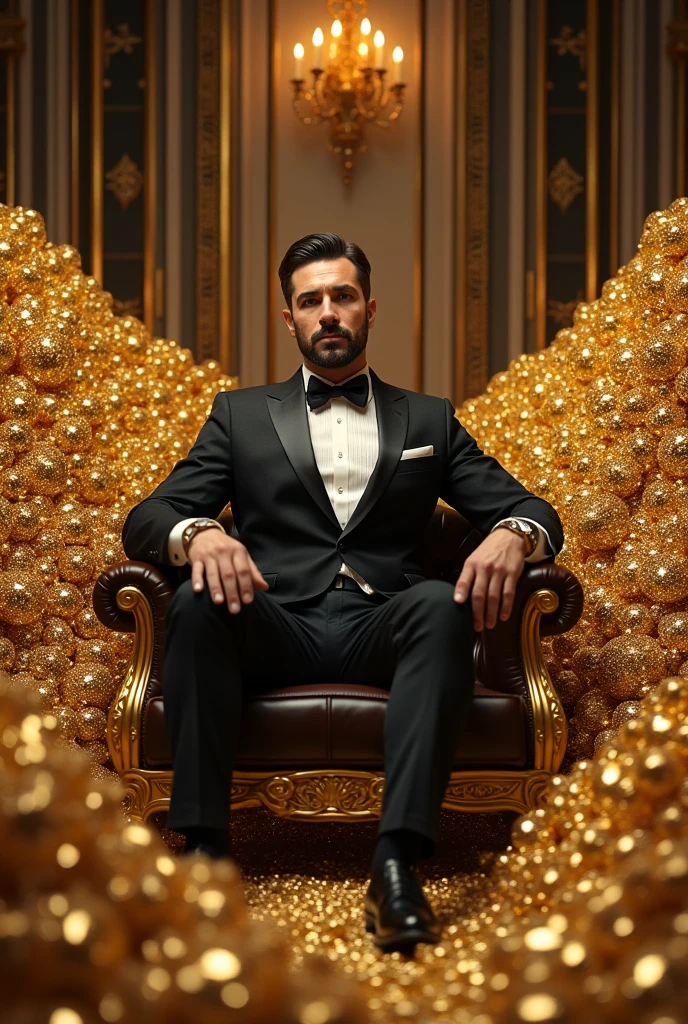 Gere a imagem de um jovem magnata, vestido com um elegante terno italiano preto, confiantemente sentado em uma luxuosa pilha de dinheiro servindo como seu trono. Enquanto isso, a cascade of currency notes falls from the golden ceiling, criando uma cena opulenta. The young man is situated inside a large mansion adorned with impressive architectural details. Your look is intimidating, transmitindo uma mistura de poder e riqueza