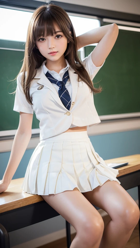 Product quality,1 girl,(Shooting from below:1.4),(Thigh Emphasis:1.4),Young and pretty girl in Japan,Daytime, (High school classroom:1.2),(Short sleeve shirt:1.3),(Schoolgirl uniform:1.3),(blazer:1.3), (White ultra short pleated mini skirt:1.5),(No pants:1.3),Very cute face,Glossy Lips,Beautiful big eyes,Brown eyes,Double eyelids on both eyes,(Natural Makeup),shiny smooth light brown long hair,,,Asymmetrical bangs,Floating Hair NovaFrog Style,Center image,8k resolution,Attention to detail,Detailed hairstyle,Detailed face,Cinema Lighting,Octane Rendering,Ultra-realistic,Perfect limbs,Beautiful legs,Voluptuous thighs,Huge breasts,Perfect Anatomy,Spread your legs,(Provocative dynamic pose:1.3)