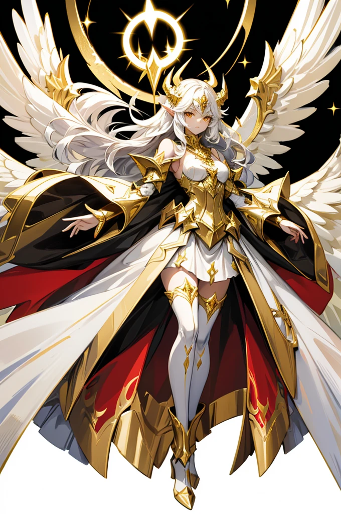 type character design, full body image with white background. very beautiful devil elf woman with white wavy hair, gold eyes, 6 white wings on top, Black devil horns and a large halo in between.devil tail adorned with gold and small halos, wearing a skirt with golden full body armor, golden boots, gold edged cape