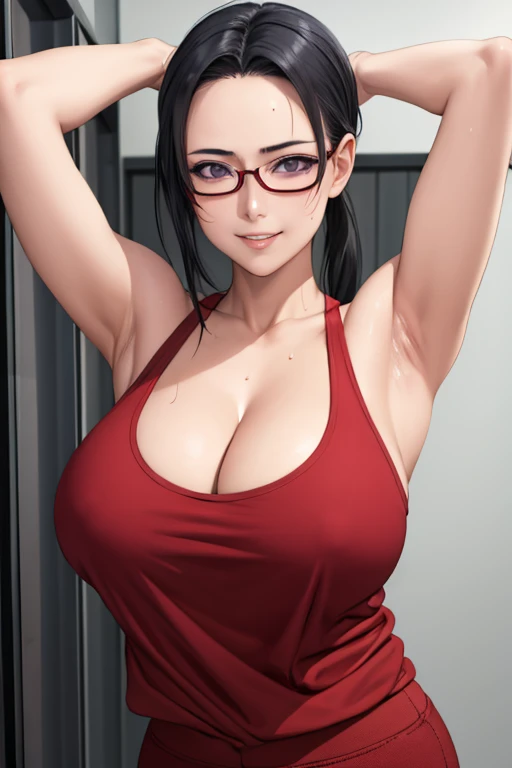 masterpiece, best quality,  satou sakie, glasses, black tanktop, red pants, looking at viewer, large breasts, upper body, portrait, looking at viewer, parted lips, seductive smile, sweating, arms up, detailed armpits, cleavage