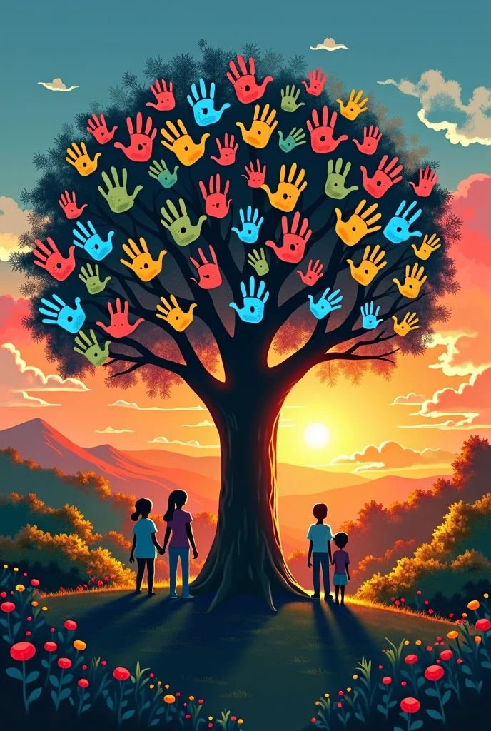 Imagine a scenario where several hands of different shades of blue, representing people of all backgrounds, extend to each other, forming a circle of union. In the center of this circle, a blue-leaved tree grows, its branches intertwining into shapes that resemble hearts, symbolizing the strength of solidarity. The background of the image is a soft blue sky, with rays of light in lighter tones radiating from the center of the tree, highlighting the importance of unity and empathy. Around the tree, little blue figures help each other, carrying blocks that fit together to form a path leading to the horizon, symbolizing progress and building a better future together. The color palette varies between different shades of blue, to reinforce the message that, in solidarity, every difference strengthens the union