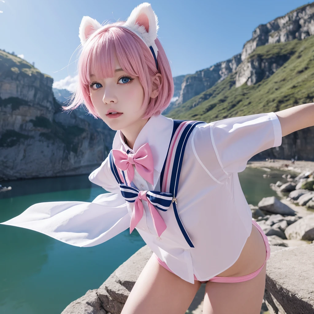 Pink short cut hair，(8K, top-quality, ​masterpiece:1.2), (realisitic, Photorealsitic:1.37), ultra-detailliert, 1 girl in, full body Esbian, camp，Mountain at night、bonfire、Alpha Layer、cute little、独奏、Beautiful detailed sky、(A smile:1.15)、(Eyes closed)、tiny chest、Eyes in Beautiful Details、small tits、（short-hair：1.2）、Floating Hair NovaFrogStyle、masuter piece、Pink Shortcut Bob、Realistic rabbit ears、Pink realistic rabbit ears、Realistic ears of rabbits sticking out of the head、Pink hair、Beautiful girl in her 20s、Bewitching atmosphere、Beautiful shaped hands、K-POP、Pink rabbit ears、1 girl in、独奏、​masterpiece、top-quality、realisitic、Hyper-detailing、(Glossy skin:1.4)、absurderes、short pink hair、Slender beauties、动态照明、hight resolution、foco nítido、depth of fields、(thick thight:1.0)、A slender :1.2，((Short-cut bob hair))、((k pop:1.3))，Highly detailed facial and skin texture、((魅惑的))，Anatomically correct number of fingers，Correct anatomy