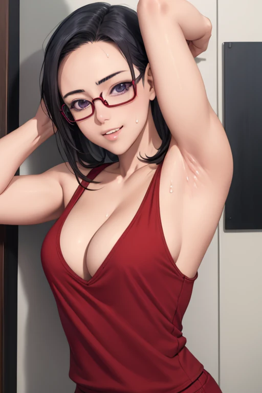 masterpiece, best quality,  satou sakie, glasses, black tanktop, red pants, looking at viewer, small breasts, upper body, portrait, looking at viewer, parted lips, seductive smile, sweating, arms up, detailed armpits, cleavage