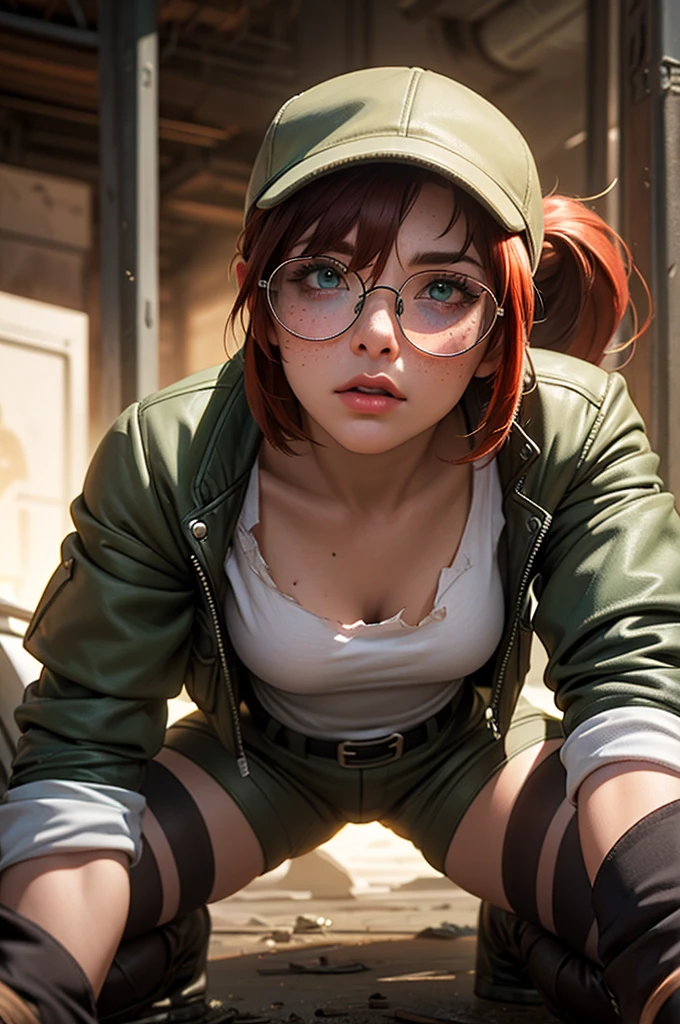 Fio Germi, Fio Germi from Metal Slug, lora.fio, glases, freckles, round glasses, redhead, pony tail hair, fringe, green eyes, wearing a white top, brown shorts, black torn tights, knee pads, black fingerless leather gloves, cap, green cap, black military boots, open green millitar mid jacket, beautiful detailed eyes, beautiful detailed lips, and extremely detailed face, hyperrealistic, 8k, photorealistic, concept art, digital painting, dramatic lighting, vivid colors, (insanely detailed, beautiful detailed face, beautiful detailed eyes, masterpiece, best quality), ruined city background, warzone, intricate background details, intrincate clothes patterns