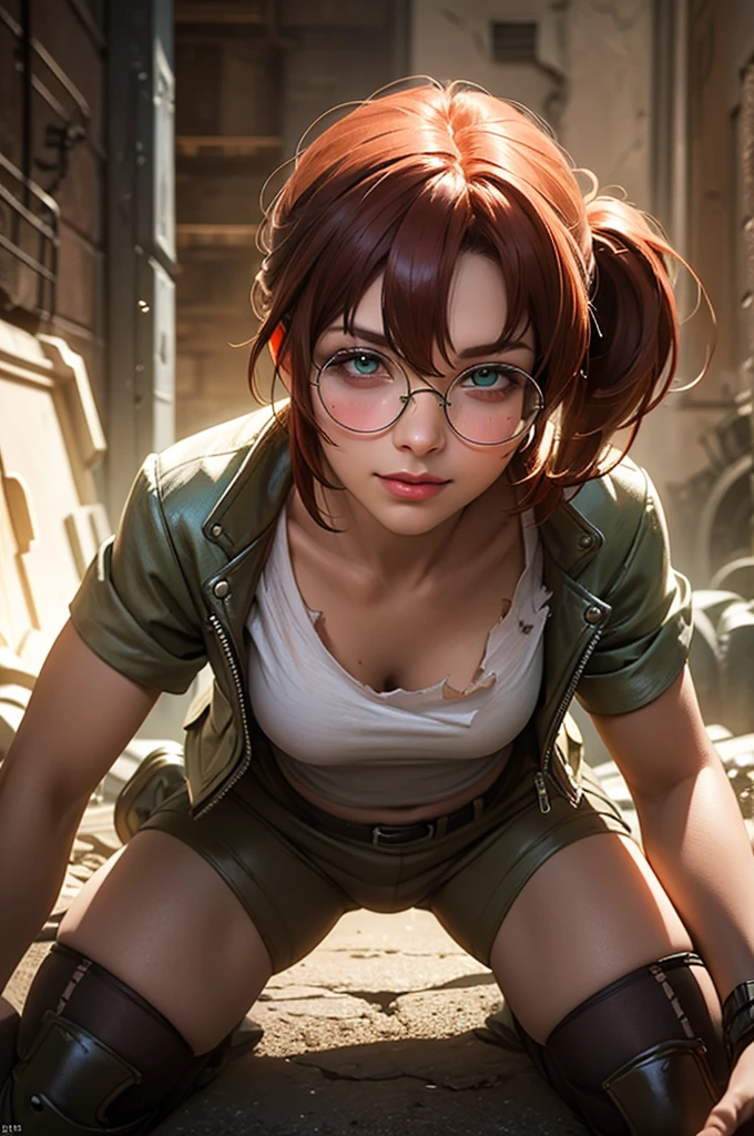 Fio Germi, Fio Germi from Metal Slug, lora.fio, glases, round glasses, redhead, pony tail hair, fringe, green eyes, wearing a white top, brown shorts, black torn tights, knee pads, black fingerless leather gloves, green cap, black military boots, open green millitar mid jacket, beautiful detailed eyes, beautiful detailed lips, and extremely detailed face, hyperrealistic, 8k, photorealistic, concept art, digital painting, dramatic lighting, vivid colors, (insanely detailed, beautiful detailed face, beautiful detailed eyes, masterpiece, best quality), ruined city background, warzone, intricate background details, intrincate clothes patterns, sweet smile