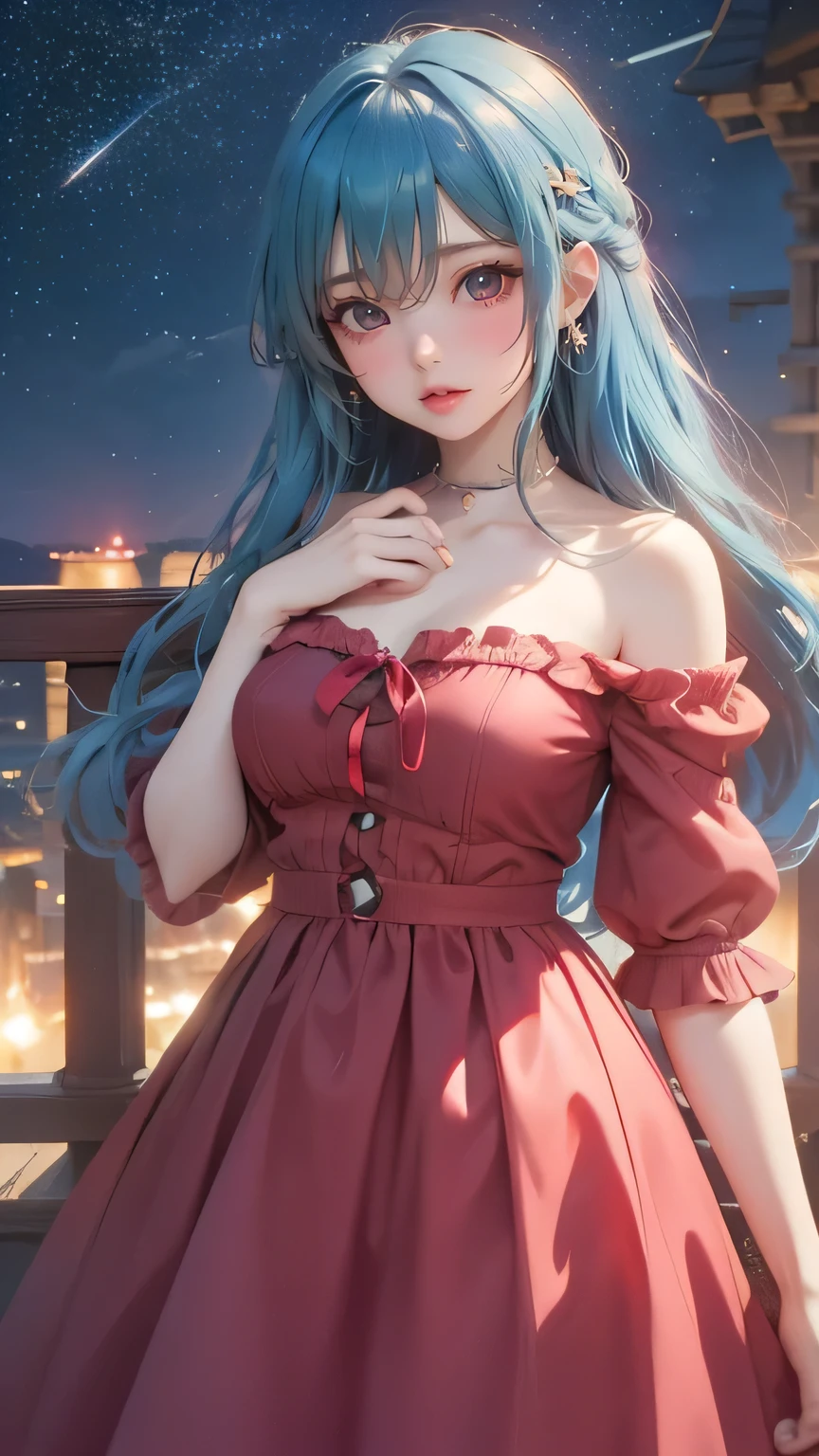 perfect quality, 、8K picture quality、best quality、masterpiece、Ultra HD、A beautiful blue-haired character、Above chest images、Big eyes like 、Red and swollen cheeks、Night scene with starry sky background、Wearing a gorgeous dress、Subtle details、Great atmosphere、Anime style