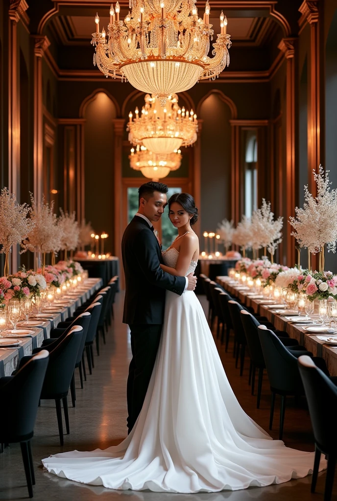 a beautiful bride in a dreamy wedding dress, handsome groom in a tailor-made suit, romantic atmosphere, soft natural lighting, stunning flower arrangements, elegant table setting, joyful guests, tears of happiness, love in the air, intimate moments, fairy tale-like setting, breathtaking venue, exquisite decorations, emotional vows, mesmerizing first dance, heartfelt speeches, happy couple, forever together, everlasting love, wedding bliss, timeless memories, treasured moments, high-resolution details, professional photography, vibrant colors, dreamlike artwork, picturesque scenery, candid shots, artistic angles, perfect composition, ethereal beauty, intimate close-ups, emotional captures, joyful celebrations, magical ambiance, glamorous attire.