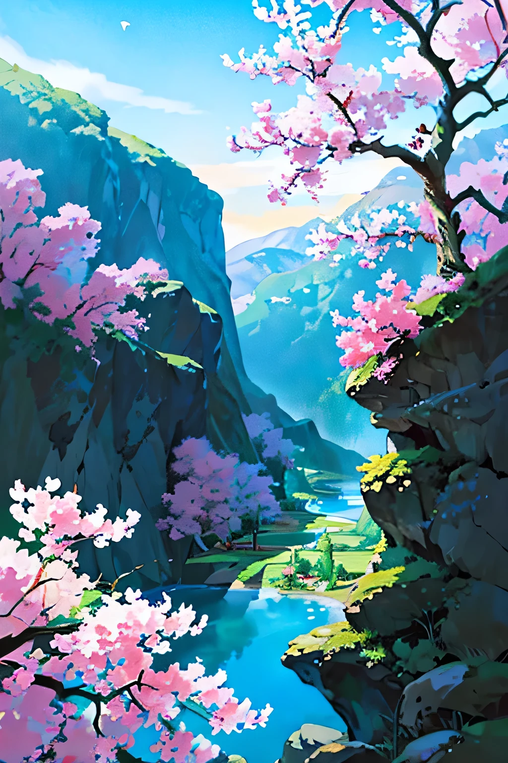 /imagine prompt: Viral anime nature wallpaper in 4K quality, in the style of illustration inspired by Rumiko Takahashi, featuring a picturesque valley with rolling hills, blossoming cherry trees, and a clear river flowing through; soft and pastel color temperature, cosmos lighting with stars twinkling in the sky, no human characters, the atmosphere is calm and idyllic --v 5 --stylize 1000