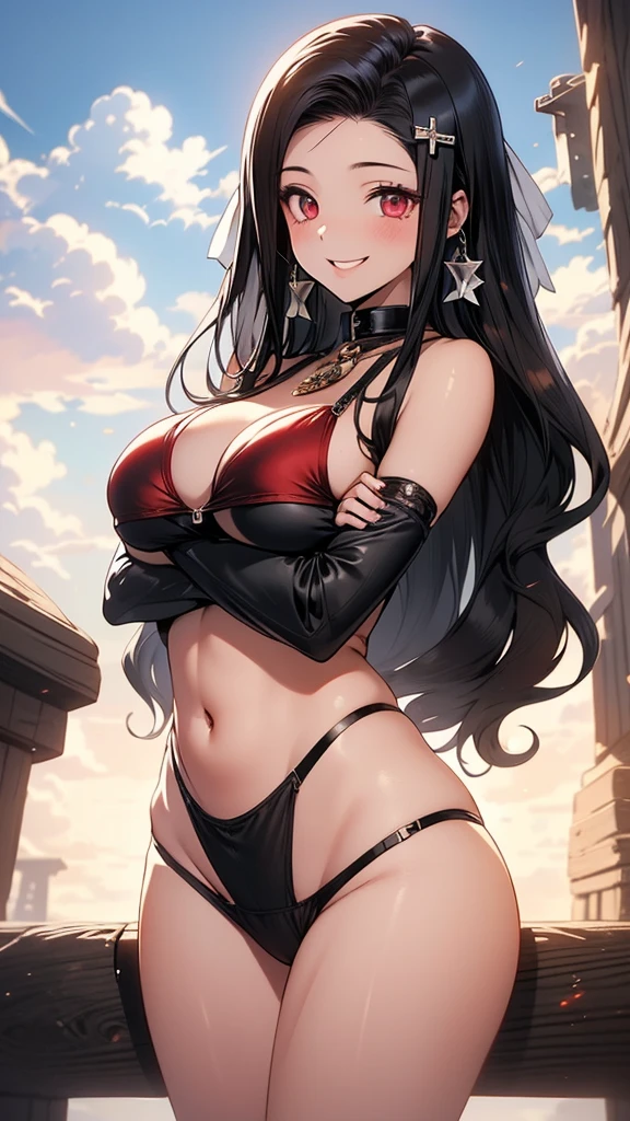 masterpiece, best qualityer, ultra-detailed, beautiful detailed eyes, extremely detailed eyes and face, 1girl, hair ornament,red color bikini, ((,nolmal breast,)), standing, looking at viewer, smiling, seductive smile, ((big hip)), wood, daytime, sky, clouds, cowboy shot, full body,red eyes,long hair,black hair,black and white ribbon on hair,free pose,Raise both arms