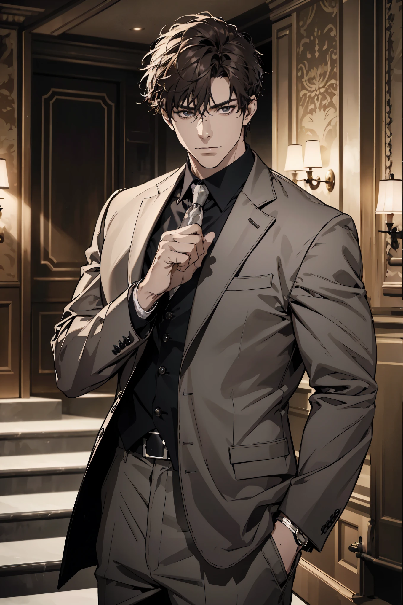 A handsome man in a brown gray suit, a bodyguard in dark clothes, two people walked up the stairs of the villa to the living room, perfect face, perfect hands, (best quality, 4k, 8k, highres, masterpiece:1.2), ultra-detailed, (realistic, photorealistic, photo-realistic:1.37), HDR, UHD, studio lighting, ultra-fine painting, sharp focus, physically-based rendering, extreme detail description, professional, vivid colors, bokeh, (portraiture)