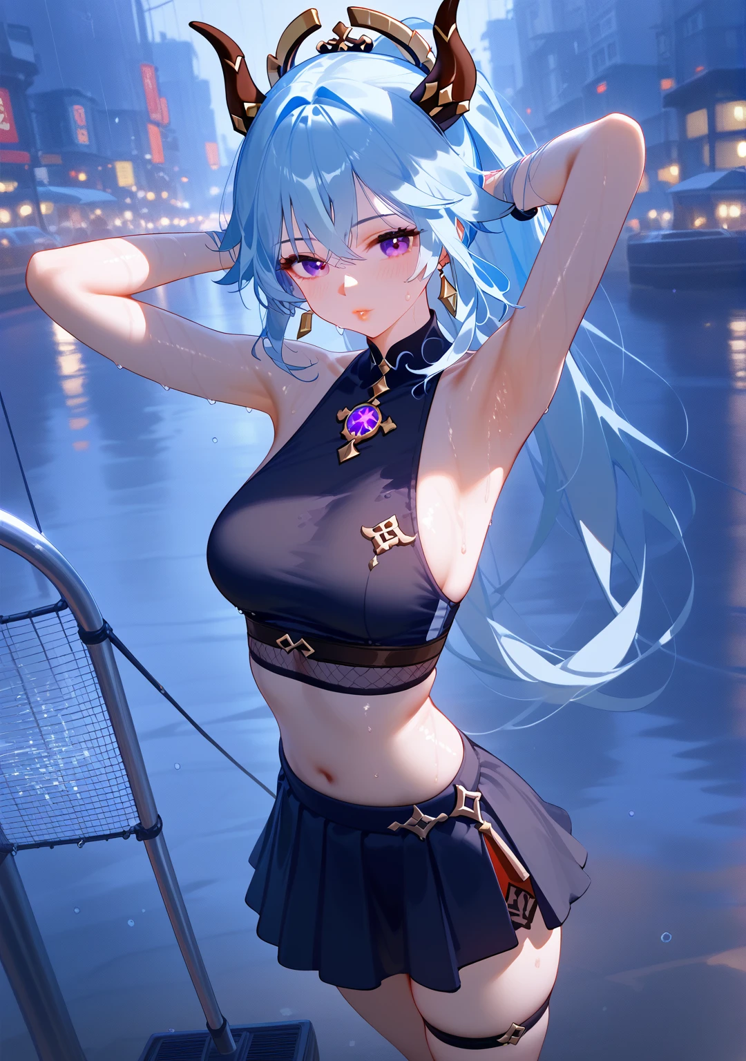 Highest quality, Highest quality, High quality illustrations, masterpiece, Ultra-high resolution, Detailed Background, Absurd, Perfect Anatomy, performance, Good lighting, Shadows in the movies, 1 girl, solo, ganyu \(genshin impact\), Purple eyes, long hair, light blue hair, long ponytail, Brownish horns, alternate costume, medium breasts, black dress, bare shoulders, sleeveless, fishnet pantyhose, fishnets, sweat, armpits, sideboob, covered navel, makeup, hair over shoulder, black lips, sexy girl, looking at viewer, blush, standing, arms up, arms behind head, drenched in rain, urban street background with heavy rain and strong winds, view from above, bewitching thighs, gleaming, shiny skin, shiny, two beautiful legs