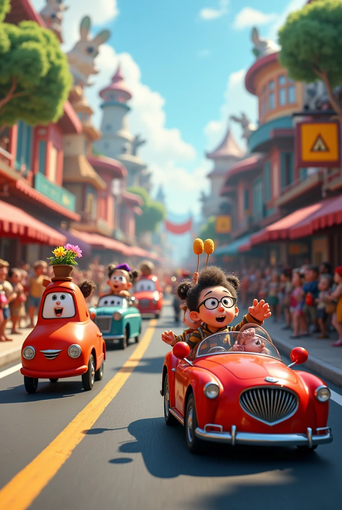 create a 3D movie poster inspired by Disney Pixar, The scene should be in Pixar's signature digital art style, com uma imagem caricatural. Mulher alta, branca, de cabelos loiro ate os ombros, bespectacled, In a radio studio, gravando