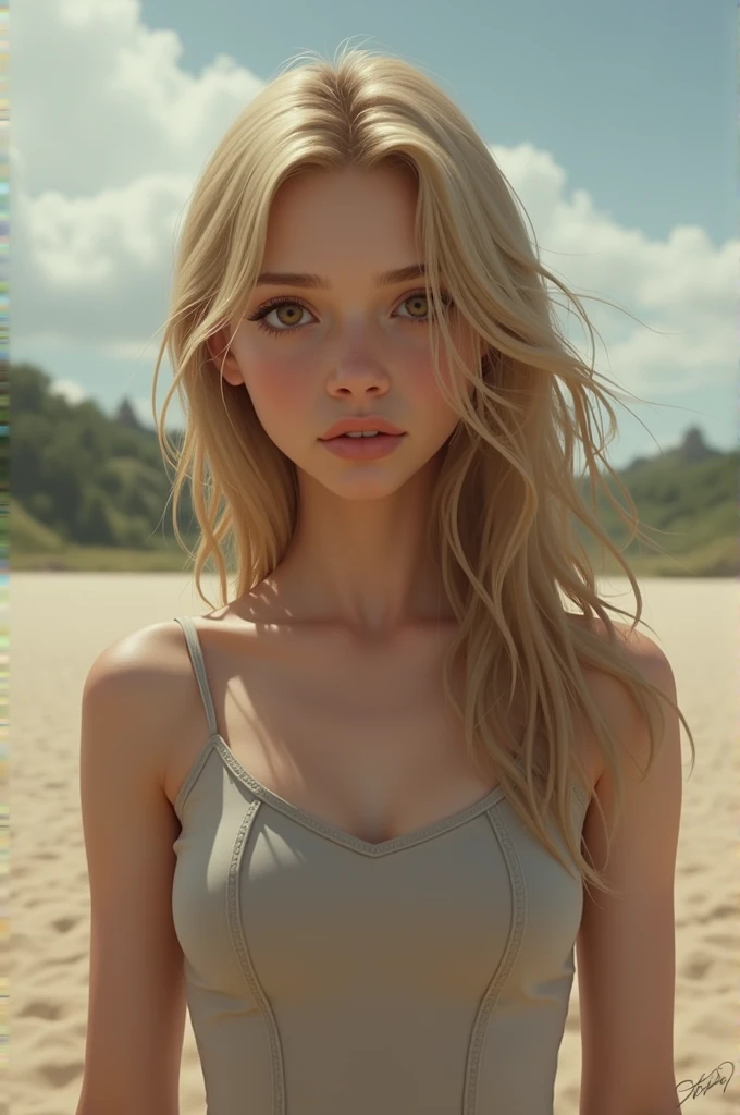 photo of a girl sad in the beach, bikini, full body, sky full of clouds, lightning in the clouds of the explosion, sadness, petite, Russian face, perfect body,  small boobs, 20 years old, beautiful face, majestic, beautiful, goddess, incredible, fear expression on her face, long hair, storm, Complex position, big sky, realistic, detailed, masterpiece, extra film grain, professional lighting, professional photography, neutral colors, muted colors, natural lights, photo realistic, good composition, 4k, high definition, art by stanley kubrick