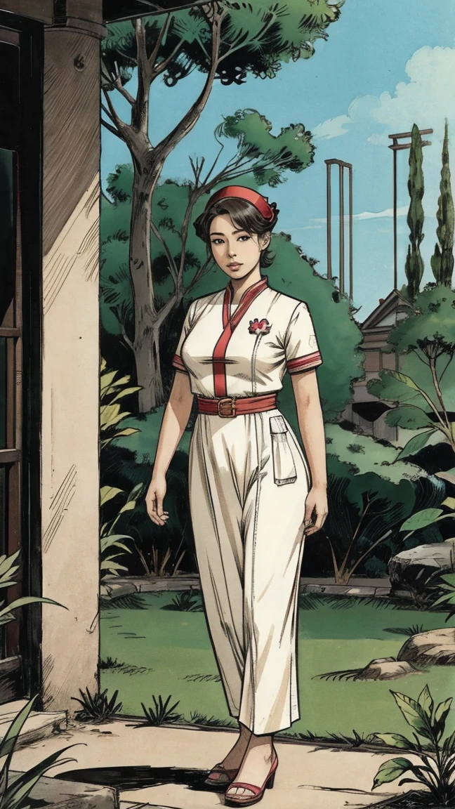 Feminine Asian Women Nurse, Wearing Feminine Costume, standing behind green garden, full body portrait from head to toe, showing full body portrait from head to toe, detailed comic artstyle.