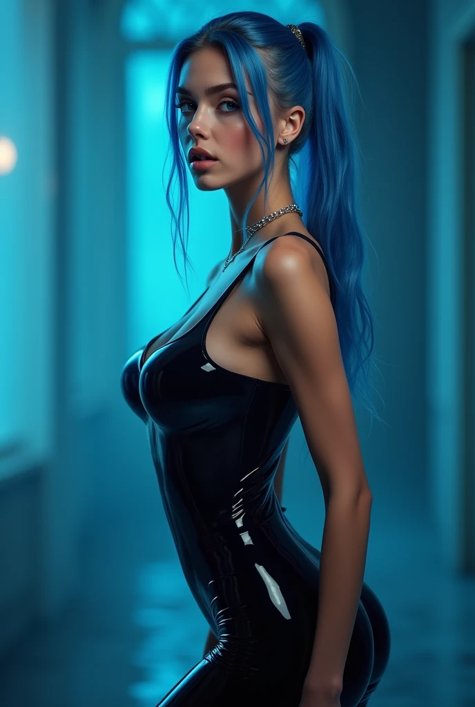 Hyper realistic professional mid body portrait, one stunningly beautiful 20 years old girl, shining long blue colored hair, long curly hair, hyper detailed and perfect, intense detailed eyes, perfect face, dark makeup ultra detailed, extemly detalled and perfect face, hyper detailed perfect lips, ultra most beautiful woman ever, cinematic photo neon sign,neon lights, sunset, reflective puddles, scifi,85mm photograph, film, bokeh, professional, 4k, highly detailed, sharp focus, medium breast