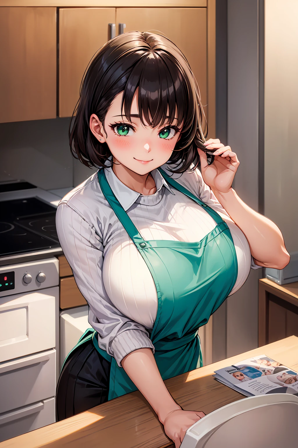 masterpiece, super high quality, Beautiful details, Very detailed,16K, Exquisite, High resolution, Beautiful background, Beautiful Eyes, Beautiful Skin, 1980s \(style\), retro artstyle, masterpiece, Highest quality, High resolution, 1 Female, solo, 2D, cheer up, Highest quality, High resolution, kitchen, ajiyoshi noriko v2, (sanpaku:1.2), beauty, ((Green apron)) break (白 rib knit sweater) break (Black tight skirt)、(Huge breasts:1.2), Mature Woman&#39;Facial Features, Smile like a mother、blush, Embarrassing, expensive, vapor、vapor、humid、Detailed costume, Detailed Background,、Sexy