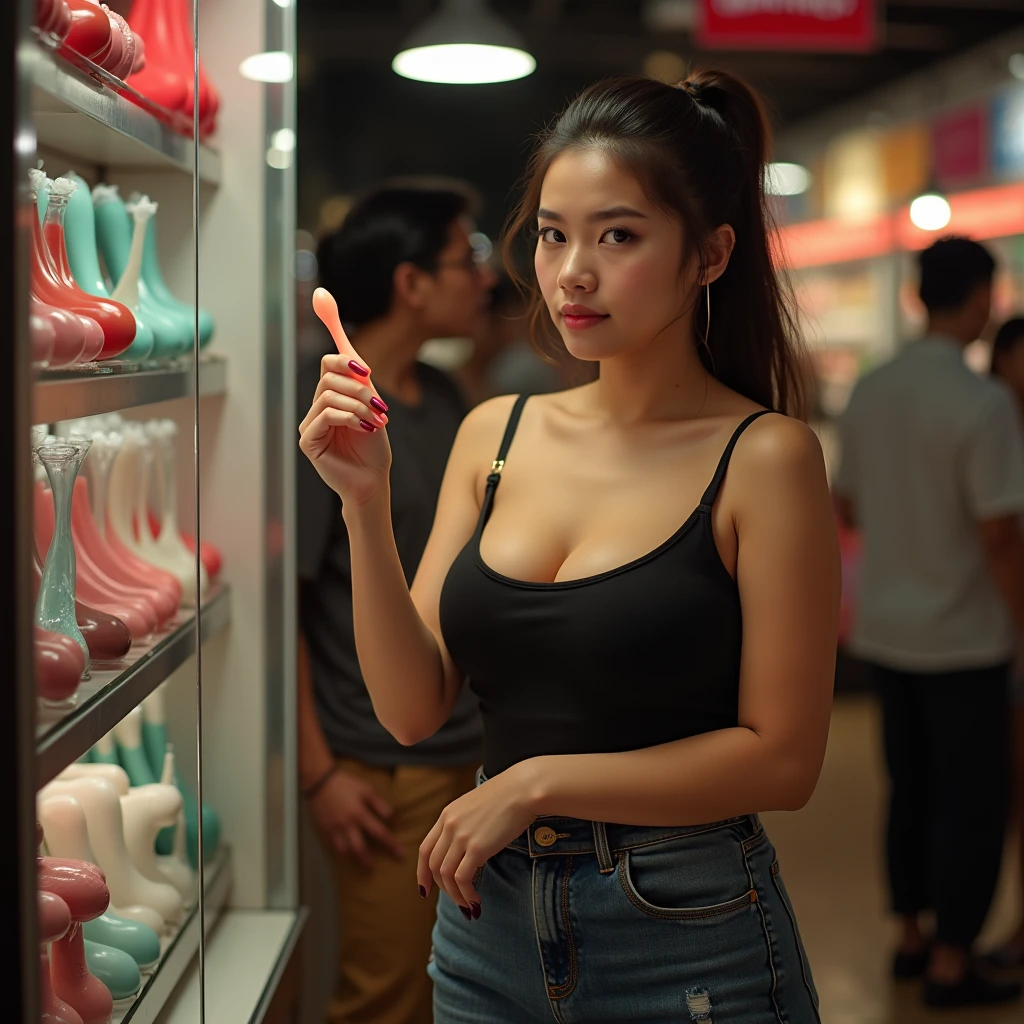 (30 years old, nude wearing nothing), ((cute NSFW Filipina|Thai woman holding colorful_smartphone, thighs, detailed face and eyeshadow, crowded cyberpunk plaza)), hourglass figure, smile, intricate, big breasts, bangs, (long hair), Cinematic lighting, global illumination, studio lighting, daytime, highly detailed, 6k, octane render, trending on artstation, soft fill lighting