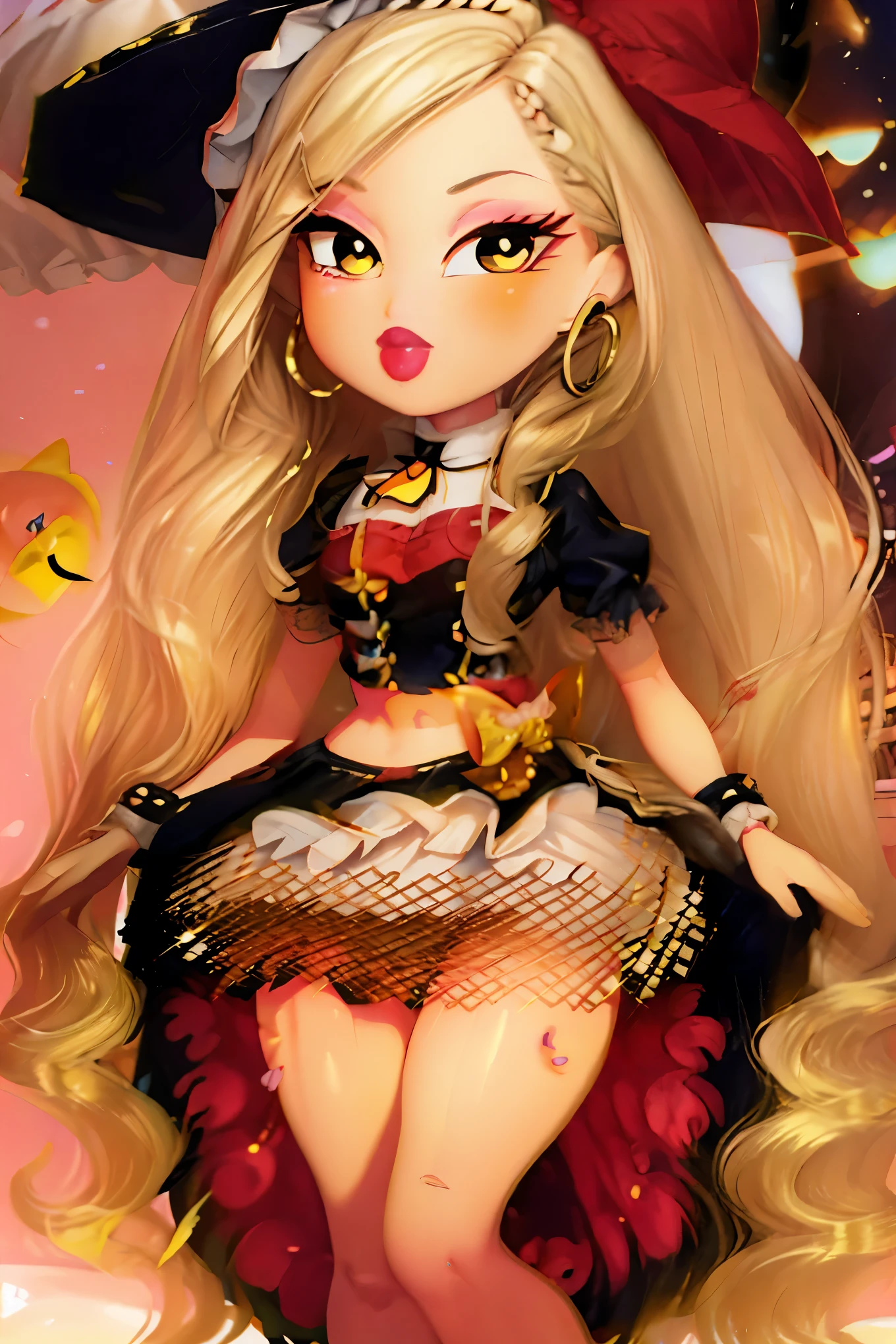 Anime girl with long blonde hair and a hat sitting on a bed - SeaArt AI