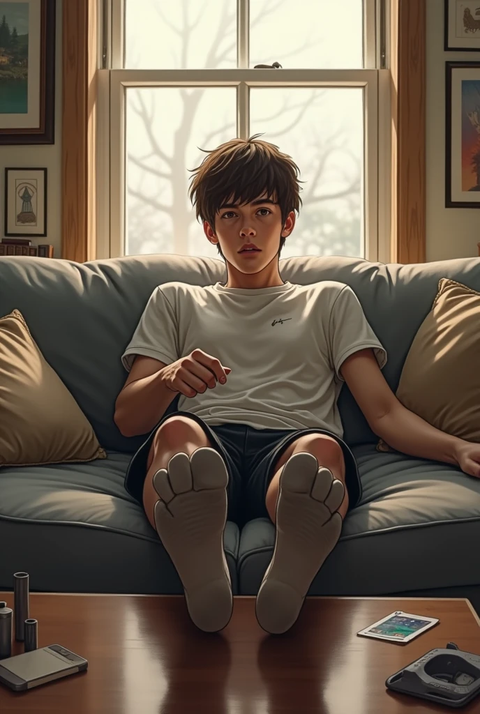 little boy with brown hair, whole body, lying down, downstairs bedroom, whole body, View from above, ps5 controller in hand,