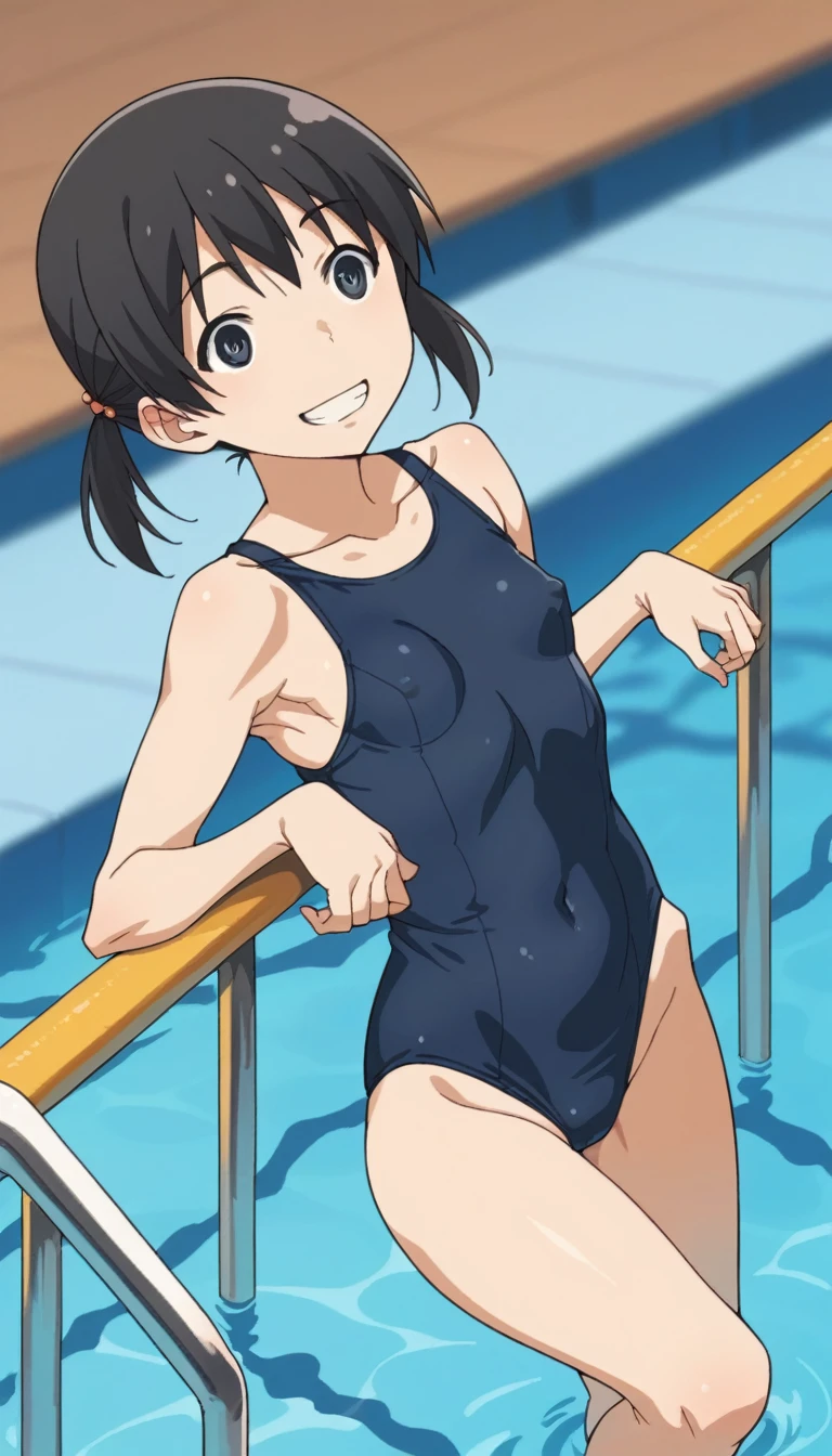 Score 9, Score 8 up, Score 7 up, The evaluation is questionable,
Detailed Background, Glowing Skin,kuramoto_chinatsu, black eyes, black hair, long hair, short twintails, ,tiny breasts,short of a person,whole body,thin,Big Areola,smiling,from front,daytime,swimming pool,underwater,anime style,high quality,masterpiece,highly detailed,japanese,gravure,School Swimsuit,