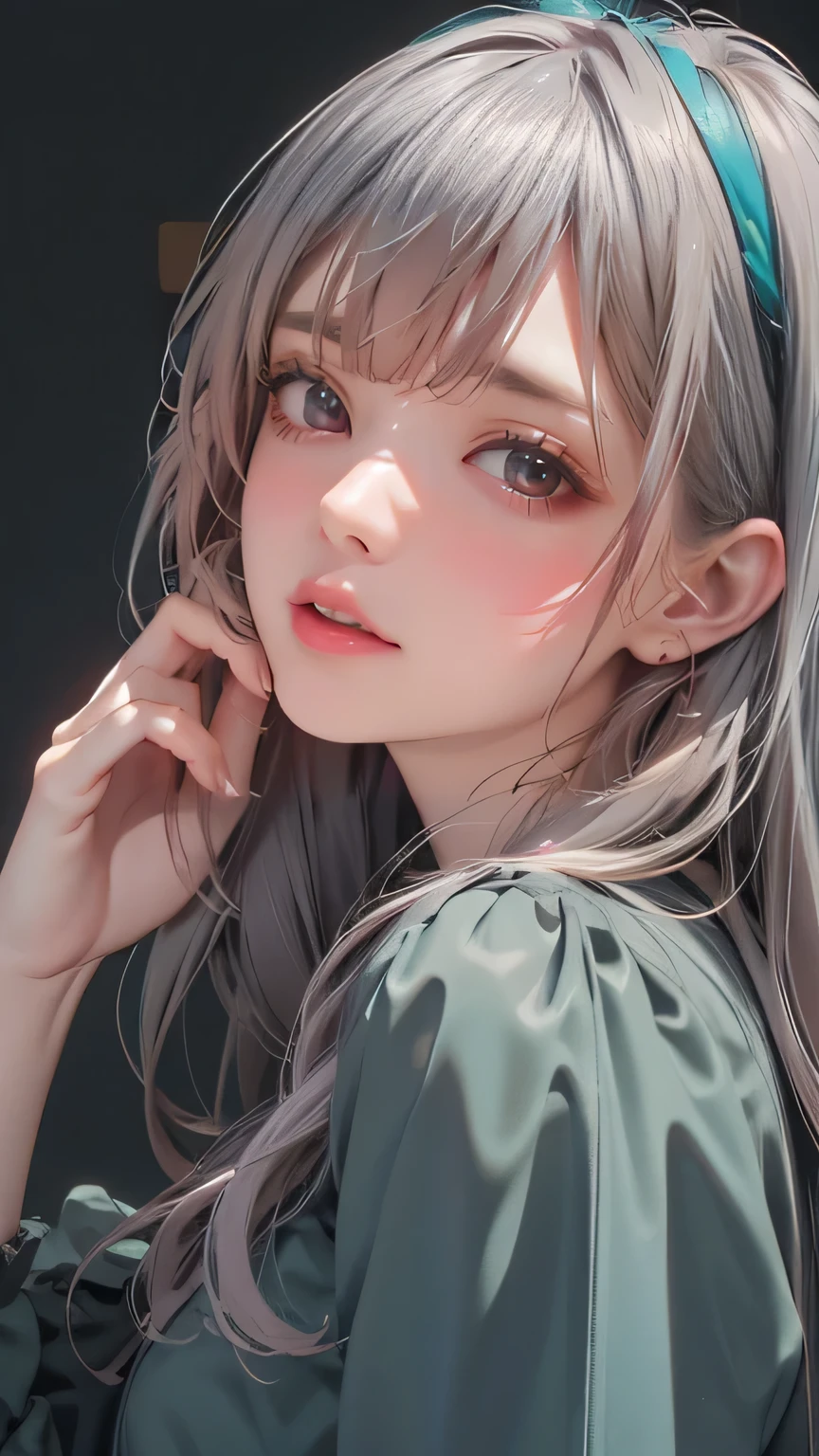 perfect quality, 、8K picture quality、best quality、masterpiece、Polychromatic, 1 girl, night, dark, Gray hair,(Detailed grey eye), Looking at the audience, Upper Body, Live audience, Limited color palette, black background,Shining turquoise blue