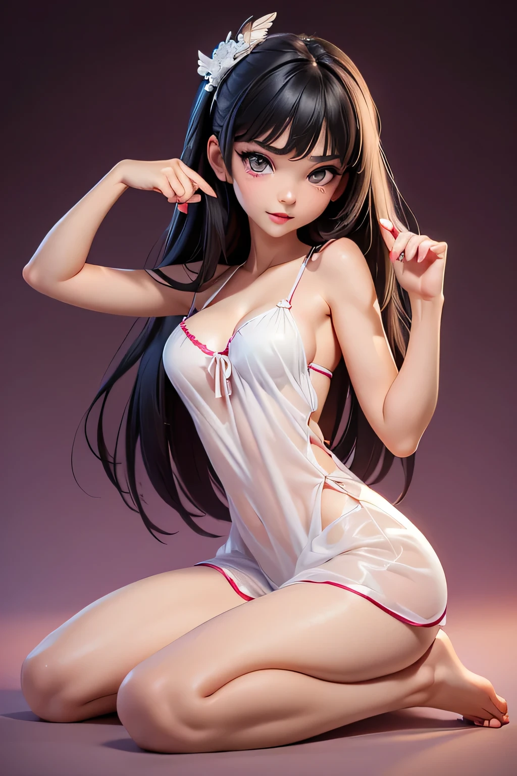 Create an image of (((fully body: 1.5))), high quality and extremely professional with the typical hentai manga illustration trend of artist Masahiro, using 8K resolution. The scene should be lit with a soft twilight light.., providing a mystical and intriguing atmosphere. Use high-quality textures and realistic shadows for a stunning visual effect. Render the image with the Octane graphics engine in 3D Max or Blender for a higher level of detail and realism. Image physics should have a balance between black and white and use rendering sources for a polished finish. The image must be captured by the best current camera, uma Canon EOS R6 Mark II com lente RF 24-105mm f/4L IS USM, to ensure maximum sharpness and clarity. Model Description: ((julia paes: 1.5)), A beautiful girl, divinity: 1 eyes: Symmetrical, big teats, with long eyelashes (((hair of various colors: 1,5))), the mouth: with lipstick, Smooth makeup skin: Dark and soft, with small discolored hairs Body: medium breasts, Waist slender, medium hip, Heart shaped buttocks style: Brazilian woman body trend, ((She is dressed in very sexy nightwear : 1.5)), (pose: Sensual looking at the camera with her sensual eyes: 1.5), with mouth slightly open and a sensual pose, (((The background should be an environment, exterior rich in details : 1.5))), but stylized so as not to overload the model&#39;attention. The environment should complement the twilight lighting and add depth to the composition...