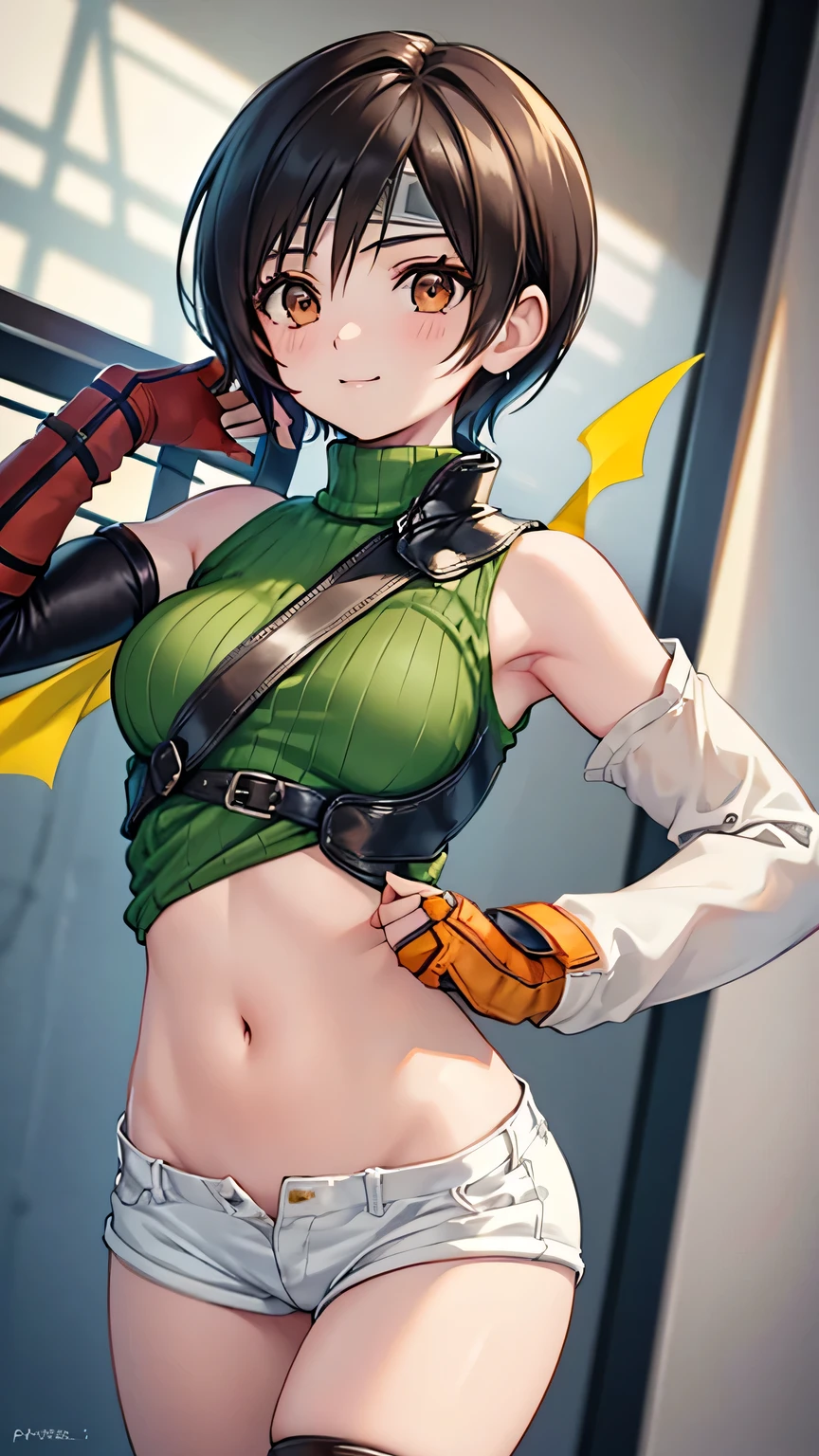Yuffie Kisaragi, a distinctive character from the game world of Final Fantasy, known for her black hair and brown eyes. She sports a short pixie cut and is dressed in a crop top, fingerless gloves, fishnet stockings and a forehead protector. Her style is unique with sleeveless turtlenecks and short shorts that expose her belly button. A headband completes her outfit, while single thigh-high socks and gloves complement her sleeves. Her look is completed with a sleeveless turtleneck and thigh highs. The depiction of Yuffie is presented as a masterpiece of the highest quality in an exceptionally high resolution of 8K. Her eyes are particularly highlighted, with beautiful, detailed features that enhance her hyper-realistic appearance. Both her face and body are extremely detailed, with every facet of her anatomy carefully crafted, including perfect hands and anatomy. The scene shows Yuffie in a typical cowboy shot, looking directly at the viewer. The image is placed indoors, with the lighting perfectly adjusted to bring out its details to the fullest. The overall presentation of the image is an homage to the character and his defining features, brought to life through the illustration in stunning quality and detail, raised legs, pretty smile,