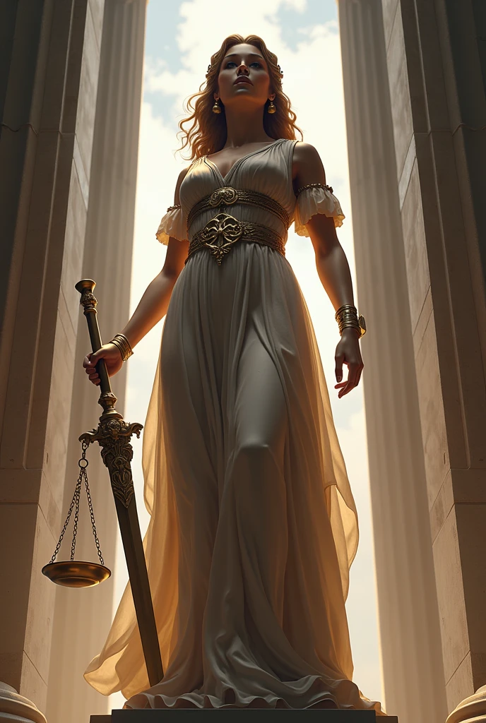 a lady holding a scale and a sword in her hand, Greek Titan goddess Themis, by Pablo Munoz Gomez, justice, zodiac Libra sign, by László Balogh, by Nicolas Marsicano, Libra, Libra symbol, Lt. Alexander Kucharsky, Lt. Eugeniusz Zak, by Ignacio Zuloaga, "A lawyer represented as Lady Justice.. She is dressed in a Greek warrior goddess dress, Dark grey tailored greek with a white blouse, standing confidently. She is wearing a blindfold, symbolizing impartiality, and holds a pair of traditional scales in one hand and a book in the other. His expression is calm and determined... The background shows the Olympus of the gods