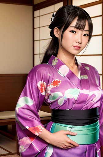 1 Japanese woman, (((see-through yukata))), long wavy hair:1.3, light brown hair, diagonal bangs, black eyes, pale skin, thick lips, pretty face:1.2, cute face:1.3, :1.6, Round face:1.4, Droopy eyes:1.4, dwarf, petite, curvy, height 1.45meters, glamorous 40kg, large breast:1.1, living room, 8K, 32K, absurdres, high resolution, Realistic, Photorealistic, Anatomically correct, full body, full shot, pov